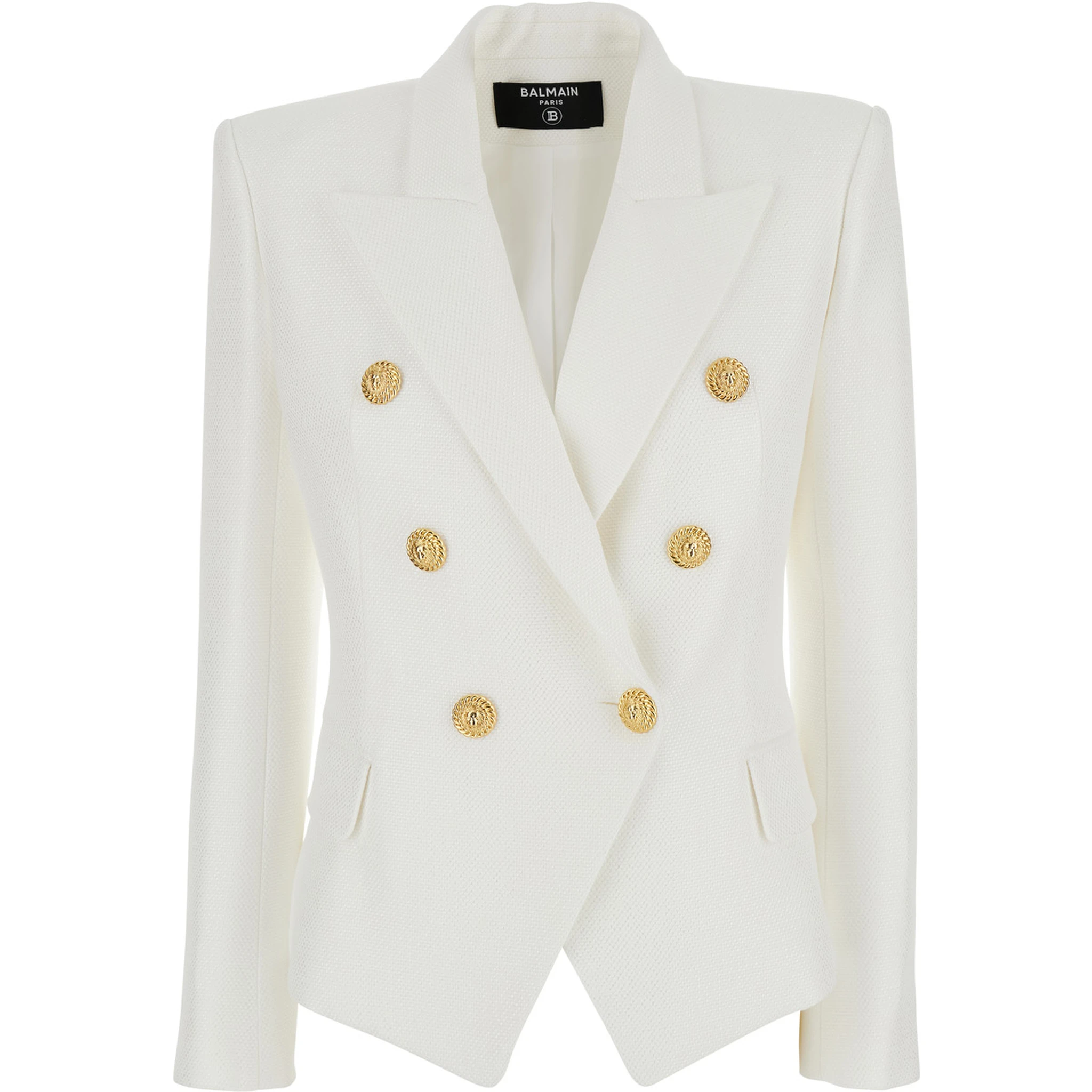 White Double-breasted Jacket with Peak Lapels and Logo Buttons in Fabric Women