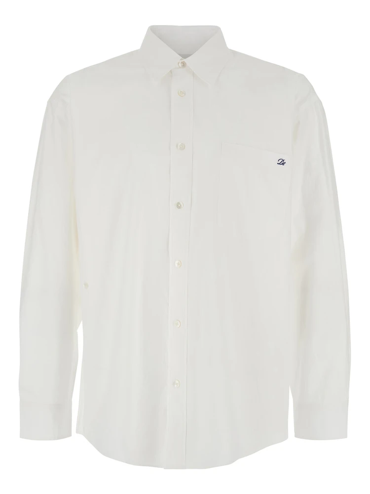 White Shirt with Patch Pocket on the Front and Embroidered Logo in Cotton Poplin Man