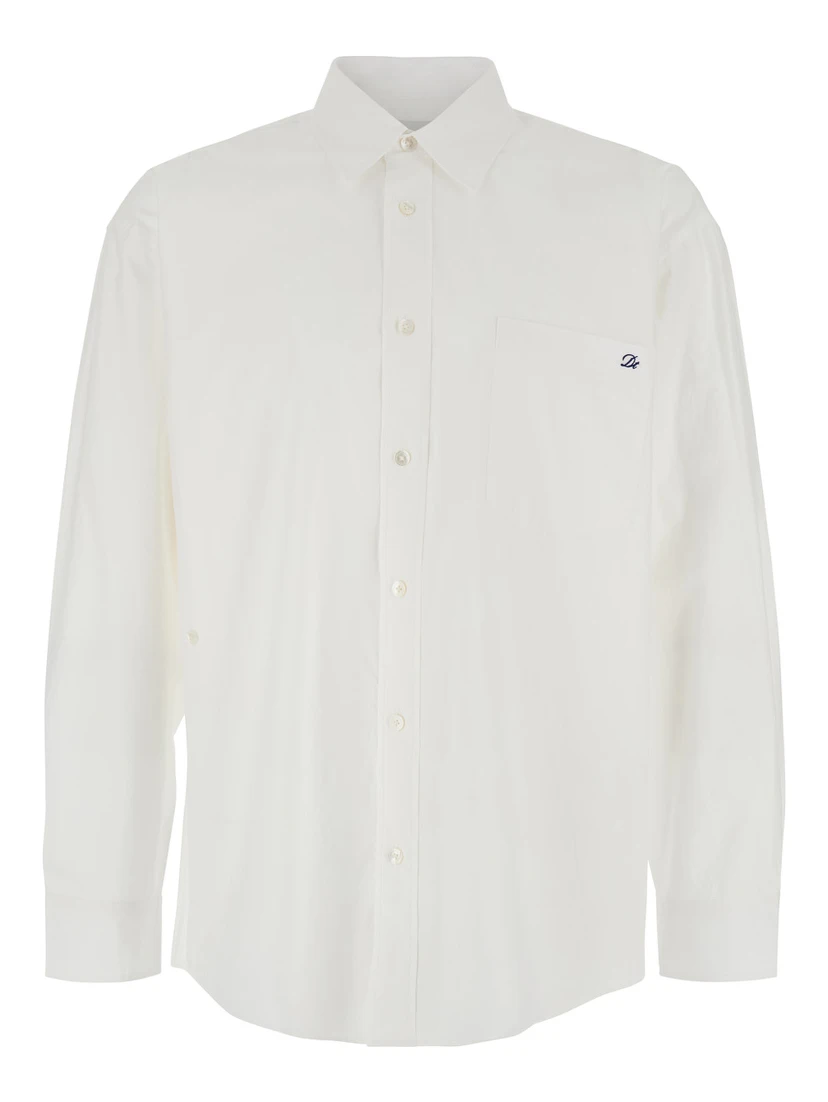 White Shirt with Patch Pocket on the Front and Embroidered Logo in Cotton Poplin Man