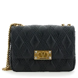 Quiltie 67 Black Shoulder Bag with VLogo Metallic Plate on the Front in Quilted Leather Woman