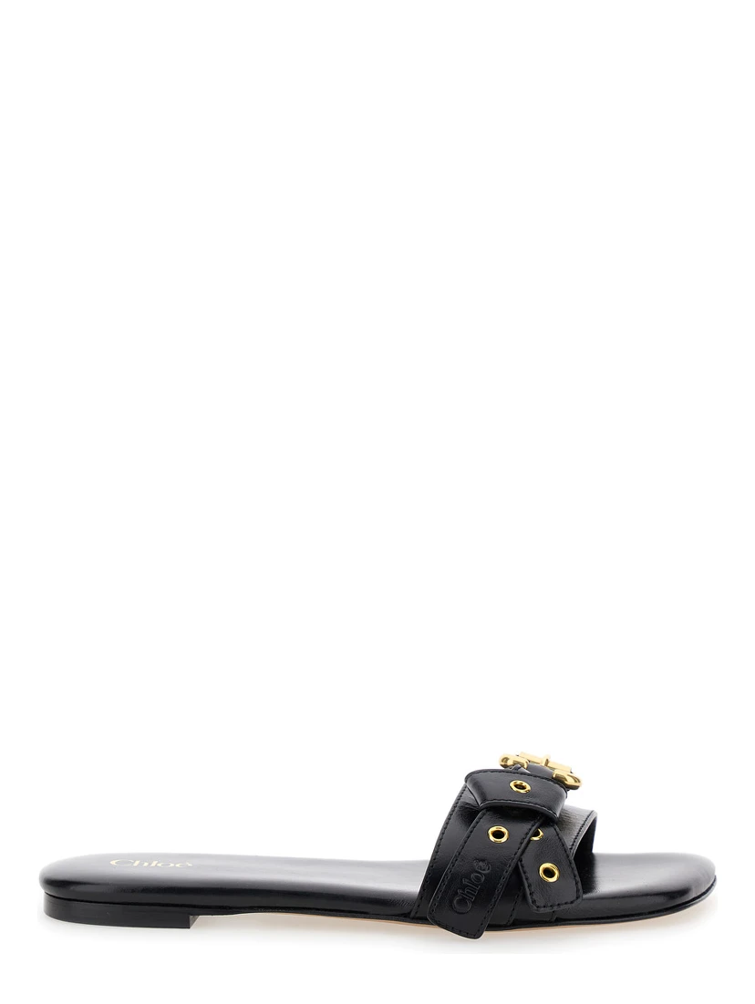 Mae Black Slip-On Sandals with Embossed Logo on the Insole in Leather  Woman