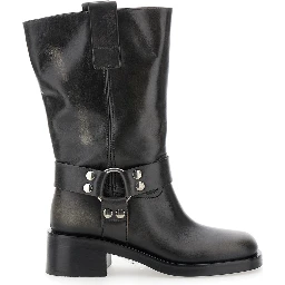 Black Ankle Boots with Studs and Ring in Leather Woman