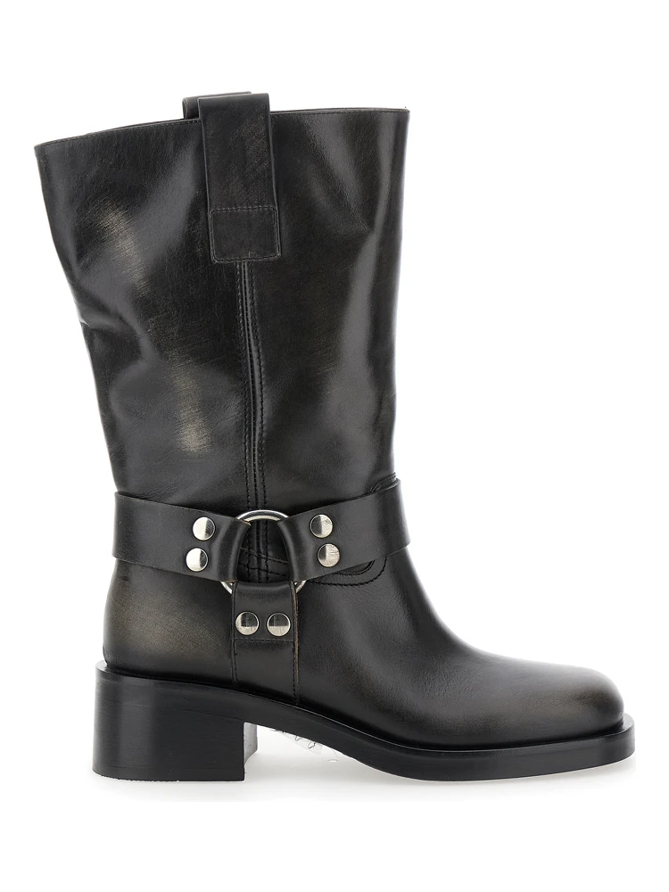 Black Ankle Boots with Studs and Ring in Leather Woman