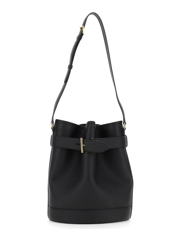 Black Medium Bucket Bag with Adjustable Shoulder Strap and Buckle Closure in Grained Leather Woman
