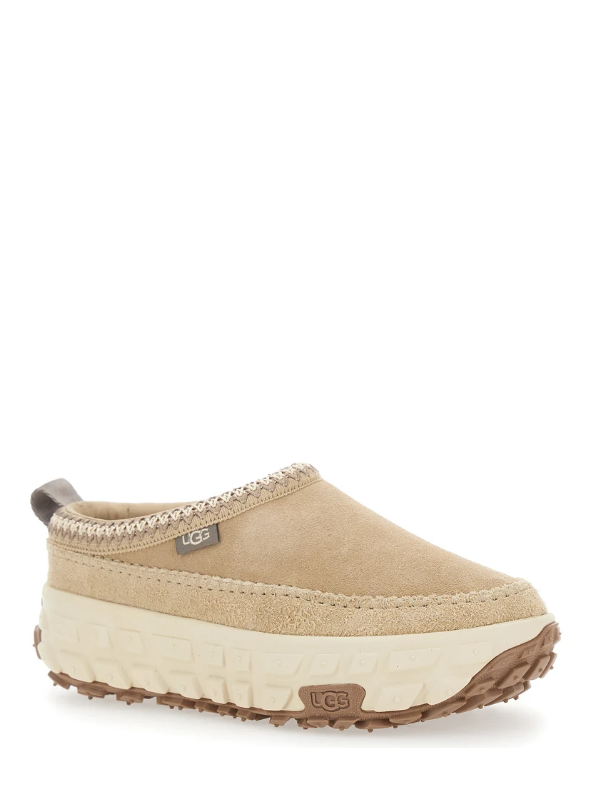 Venture Daze Beige Mules with Decorative Stitching and Side Logo Patch in Suede Man