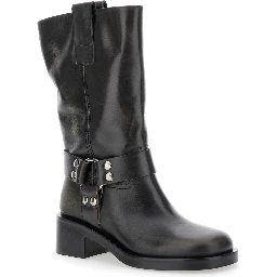 Black Ankle Boots with Studs and Ring in Leather Woman