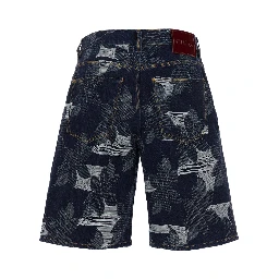 Blue Bermuda Shorts with All-Over Floral Embroidery and Logo Patch on the Back in Denim Man