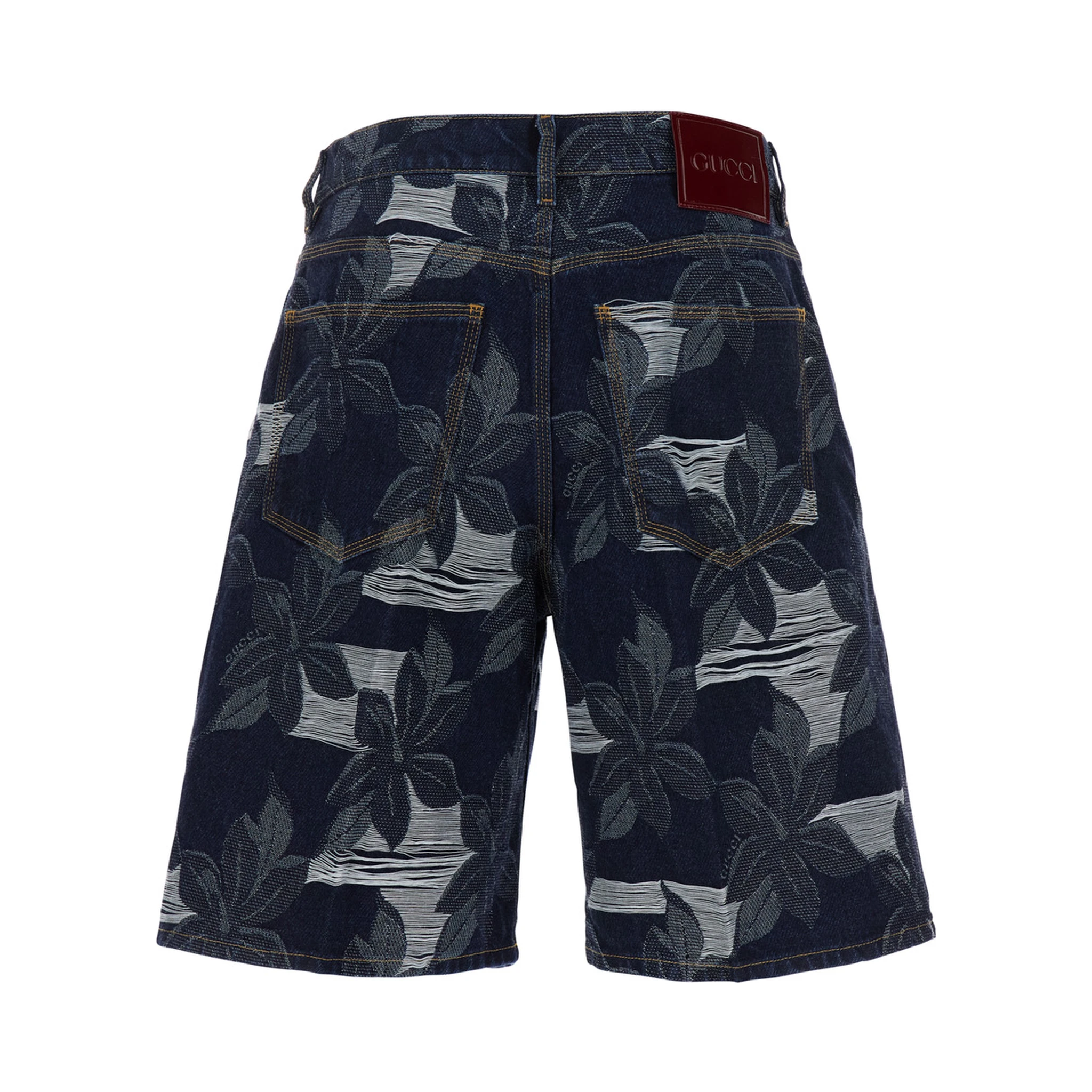 Blue Bermuda Shorts with All-Over Floral Embroidery and Logo Patch on the Back in Denim Man