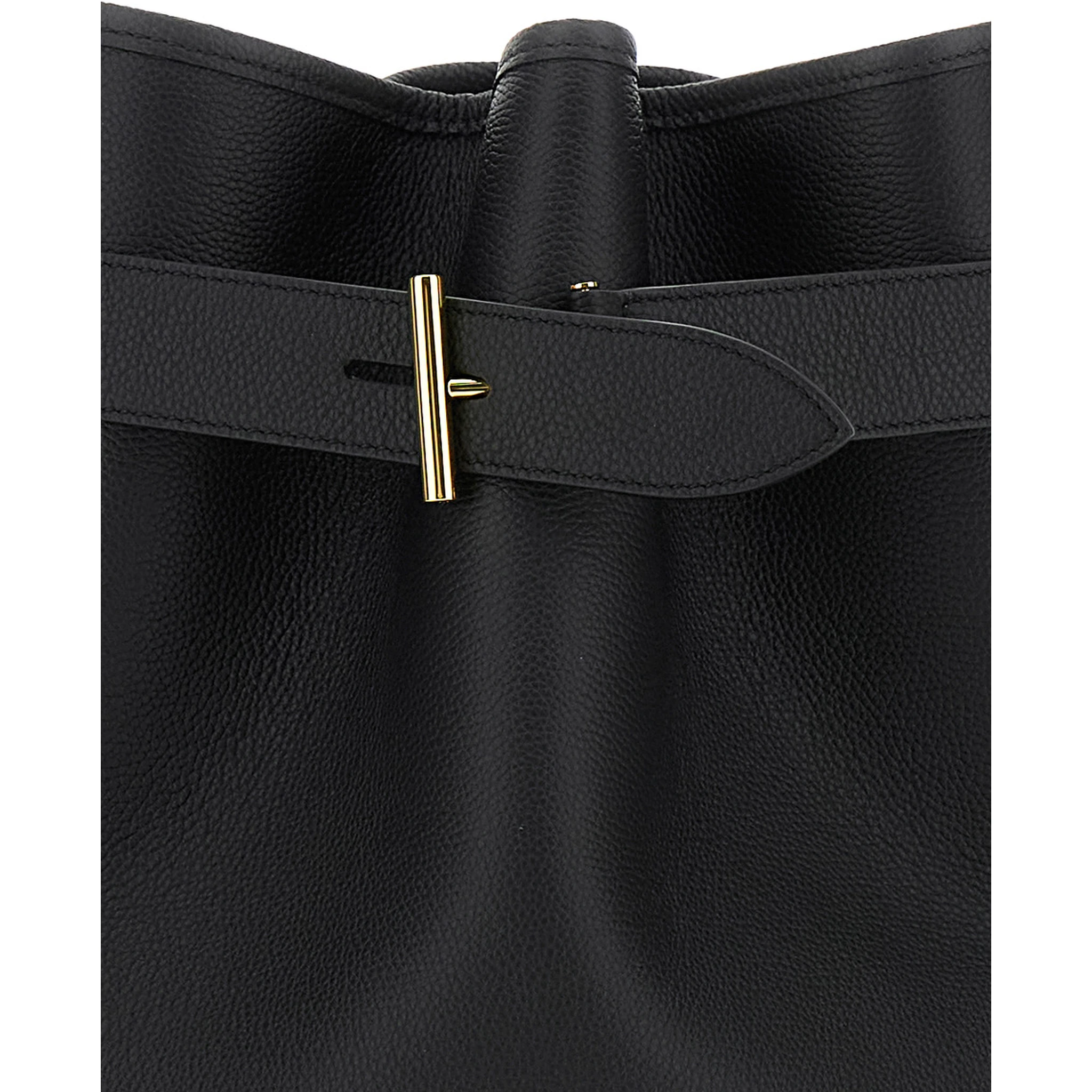Black Medium Bucket Bag with Adjustable Shoulder Strap and Buckle Closure in Grained Leather Woman