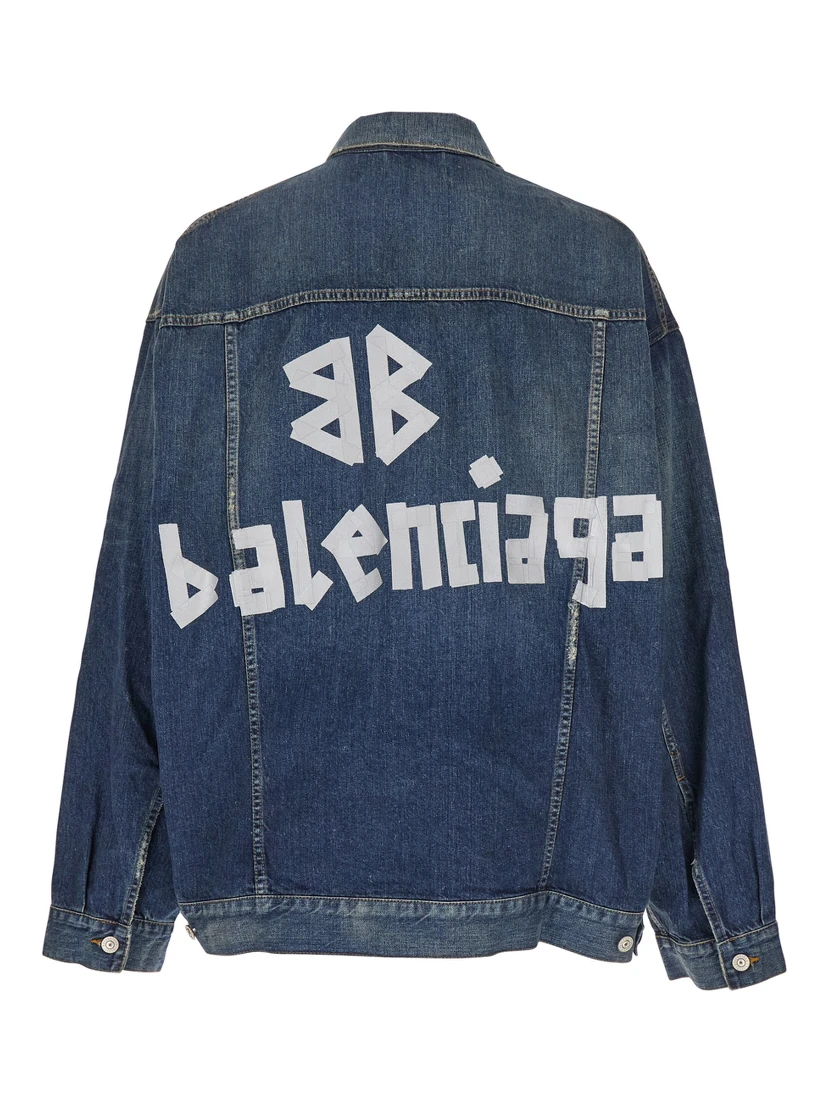 Blue Jacket with Classic Collar and Maxi Logo Print on the Rear in Denim Man