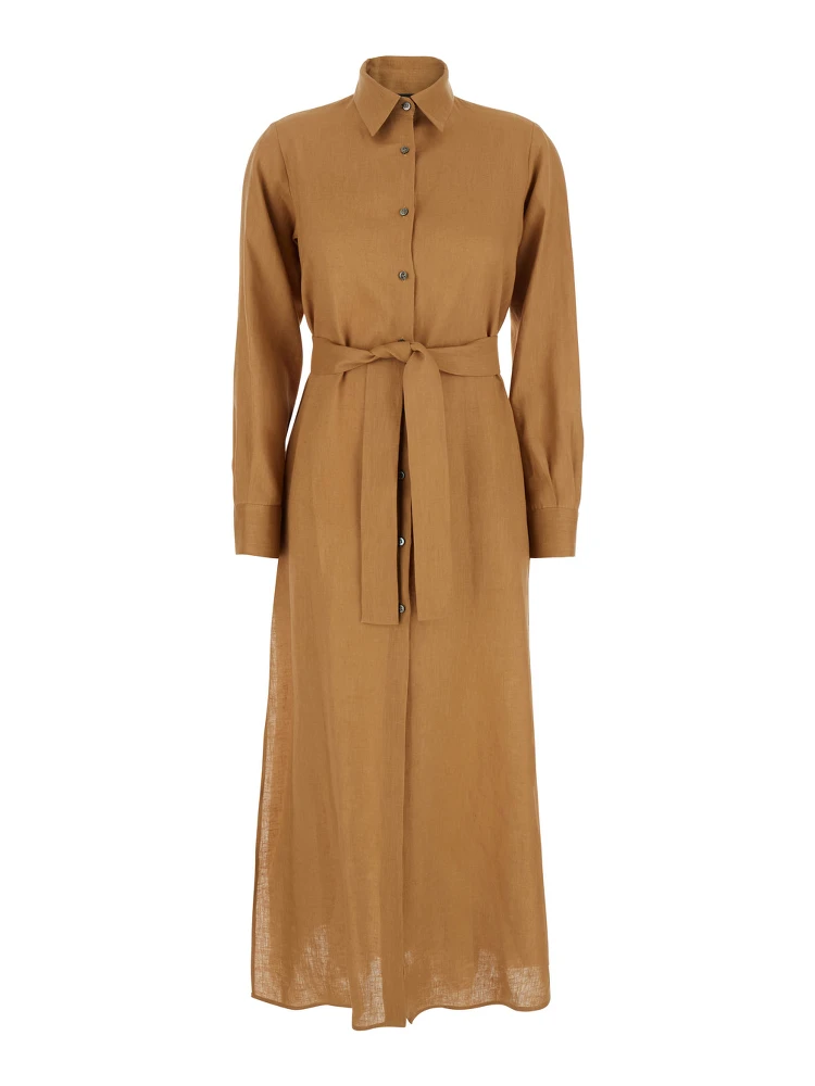 Beige Dress with Classic Collar and Adjustable Skirt in Linen Woman