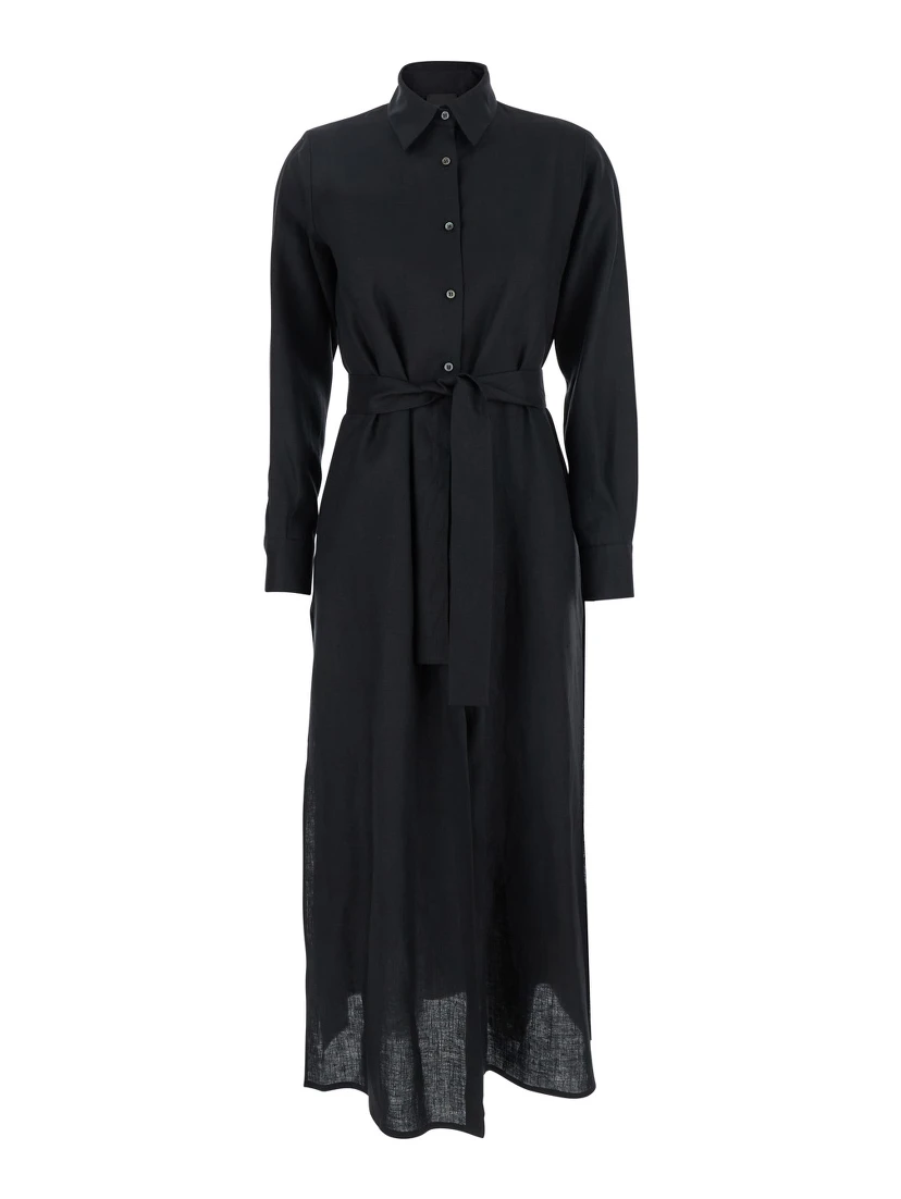 Black Dress with Classic Collar and Adjustable Skirt in Linen Woman