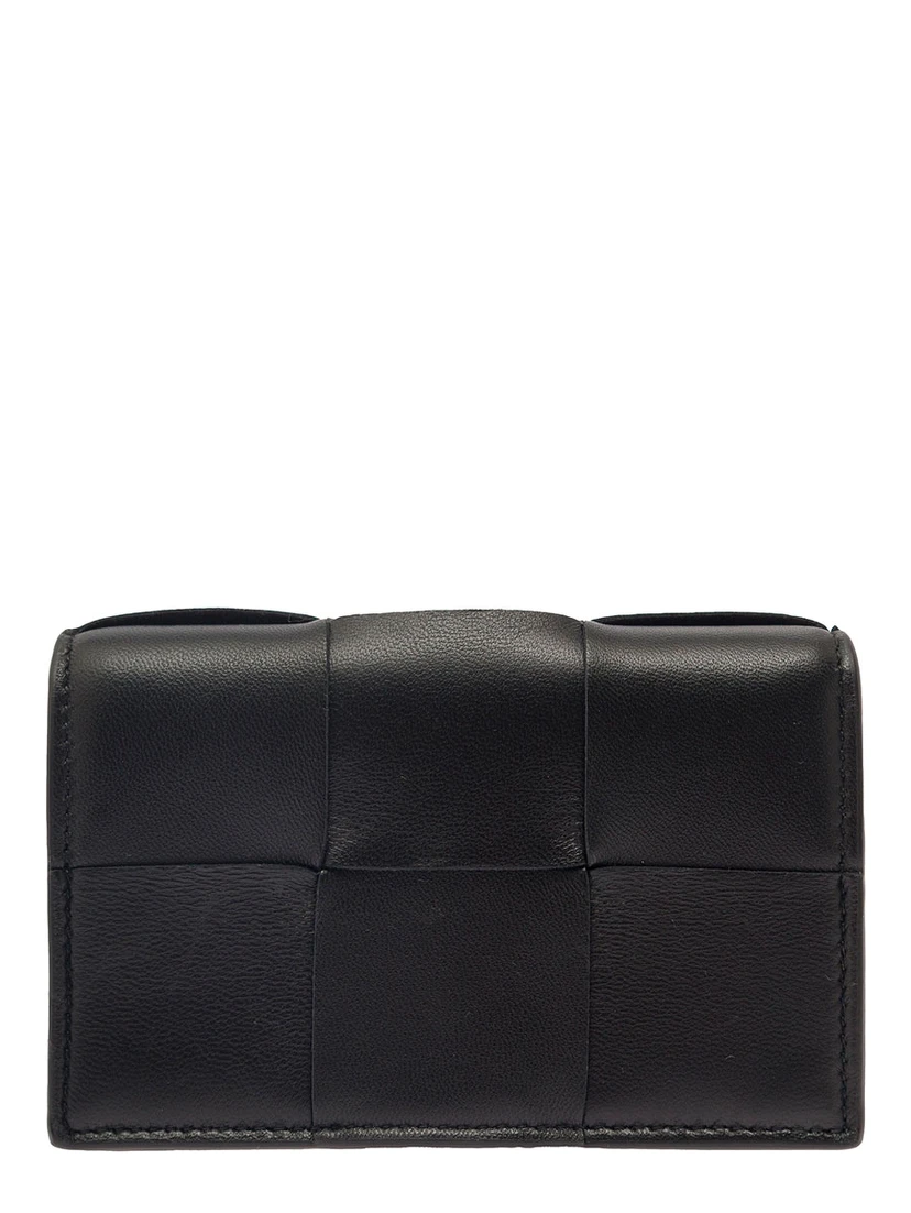 Cassette Black Business Card Case in Intreccio Leather Woman