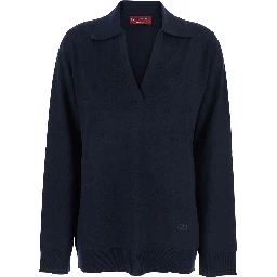 Blue Polo Collar Sweater with GG Logo on the Front in Wool Woman