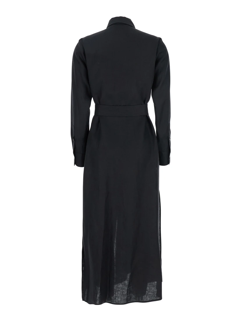 Black Dress with Classic Collar and Adjustable Skirt in Linen Woman