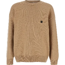 Beige Crew Neck Sweater with Front Logo in Wool Man