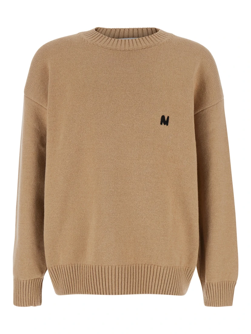 Beige Crew Neck Sweater with Front Logo in Wool Man