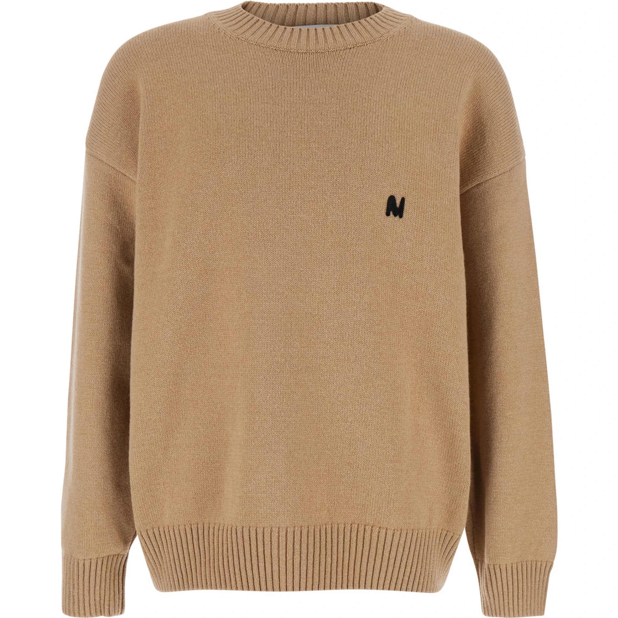 Beige Crew Neck Sweater with Front Logo in Wool Man