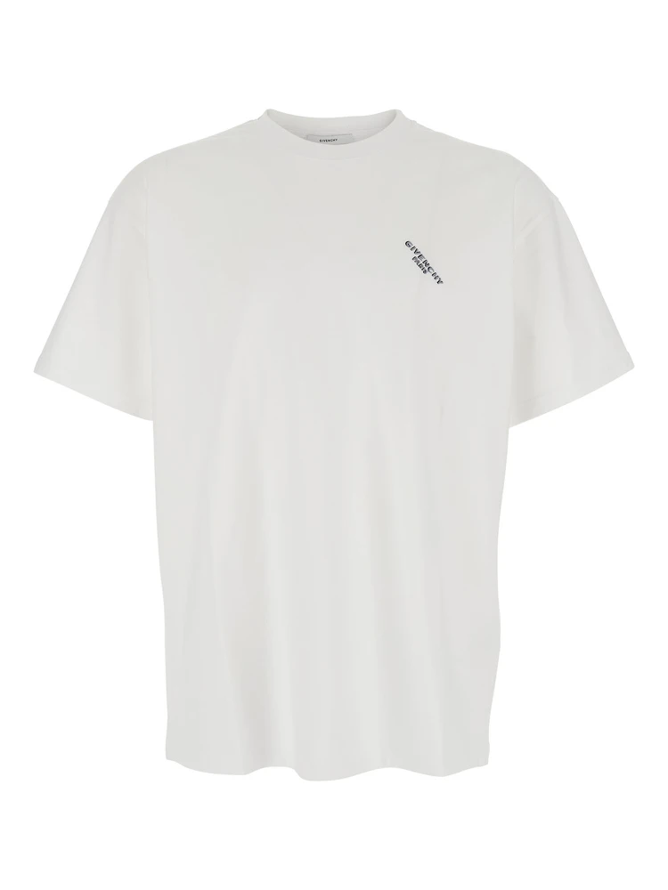White T-Shirt with Diagonal Embroidered Logo in Cotton Man