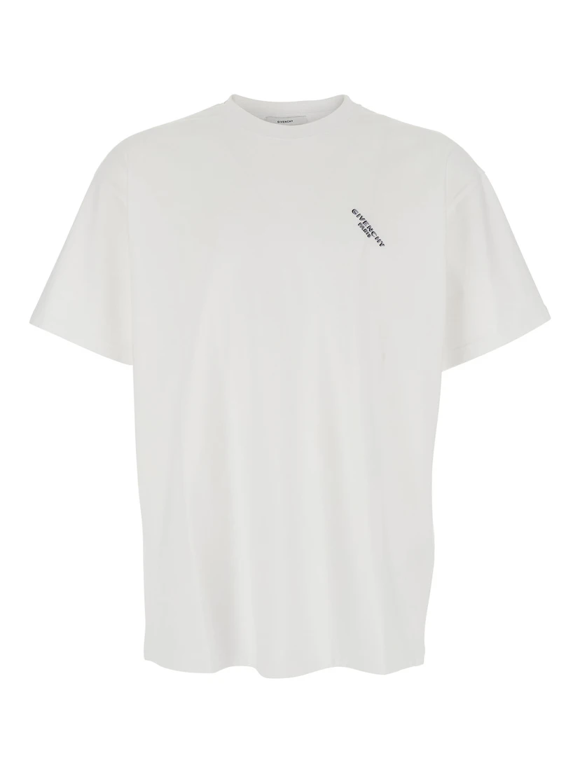 White T-Shirt with Diagonal Embroidered Logo in Cotton Man