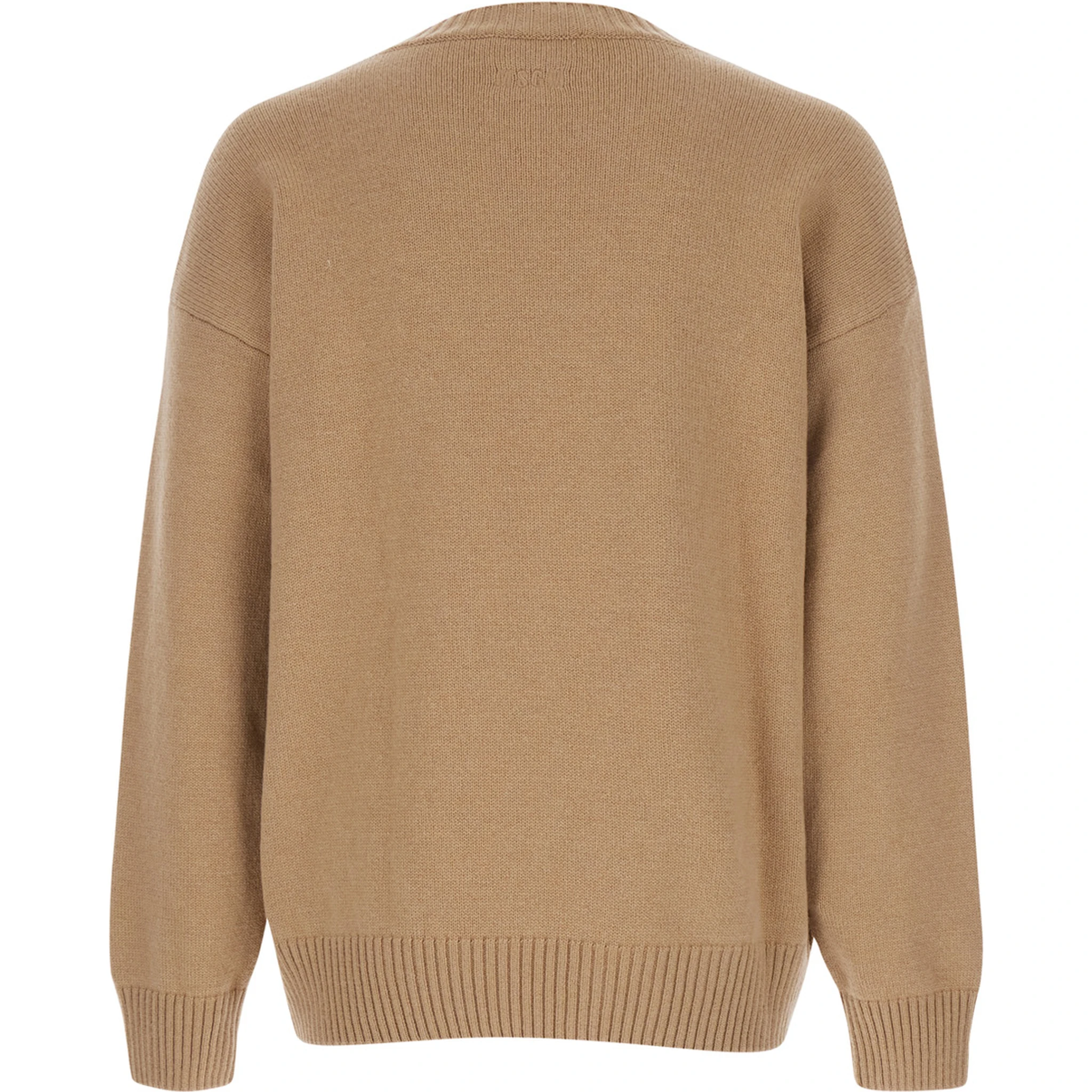 Beige Crew Neck Sweater with Front Logo in Wool Man