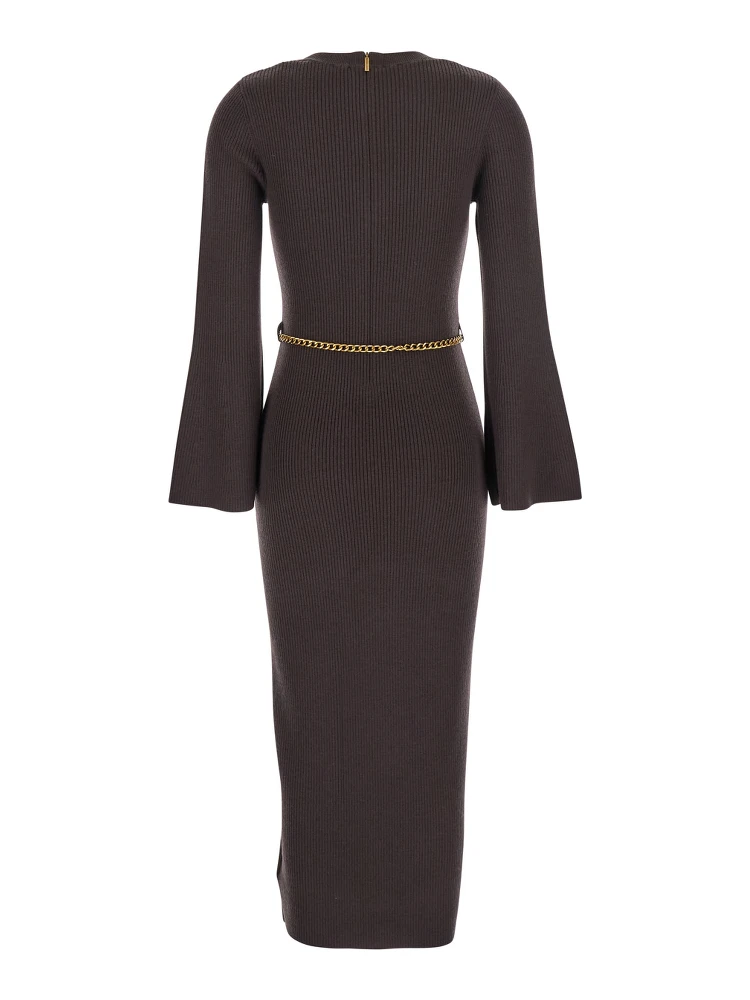 Brown Dress with Chain Belt and Logo Plaque on the Rear in Wool Blend Stretch Woman alternative