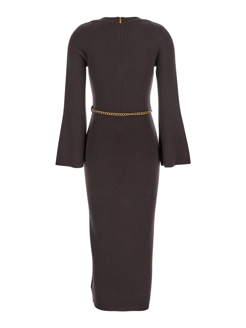 Brown Dress with Chain Belt and Logo Plaque on the Rear in Wool Blend Stretch Woman