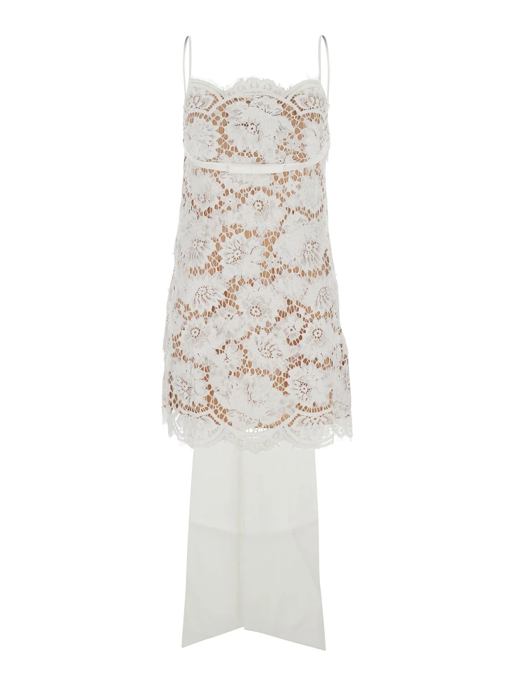 White Sleeveless Mini Dress with Floral Lace Embroidery and Scallop Hem in Cotton Blend Woman