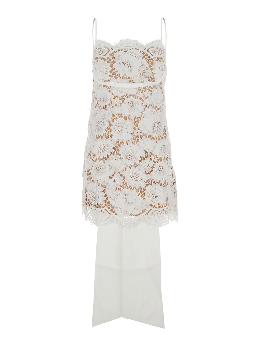 White Sleeveless Mini Dress with Floral Lace Embroidery and Scallop Hem in Cotton Blend Woman