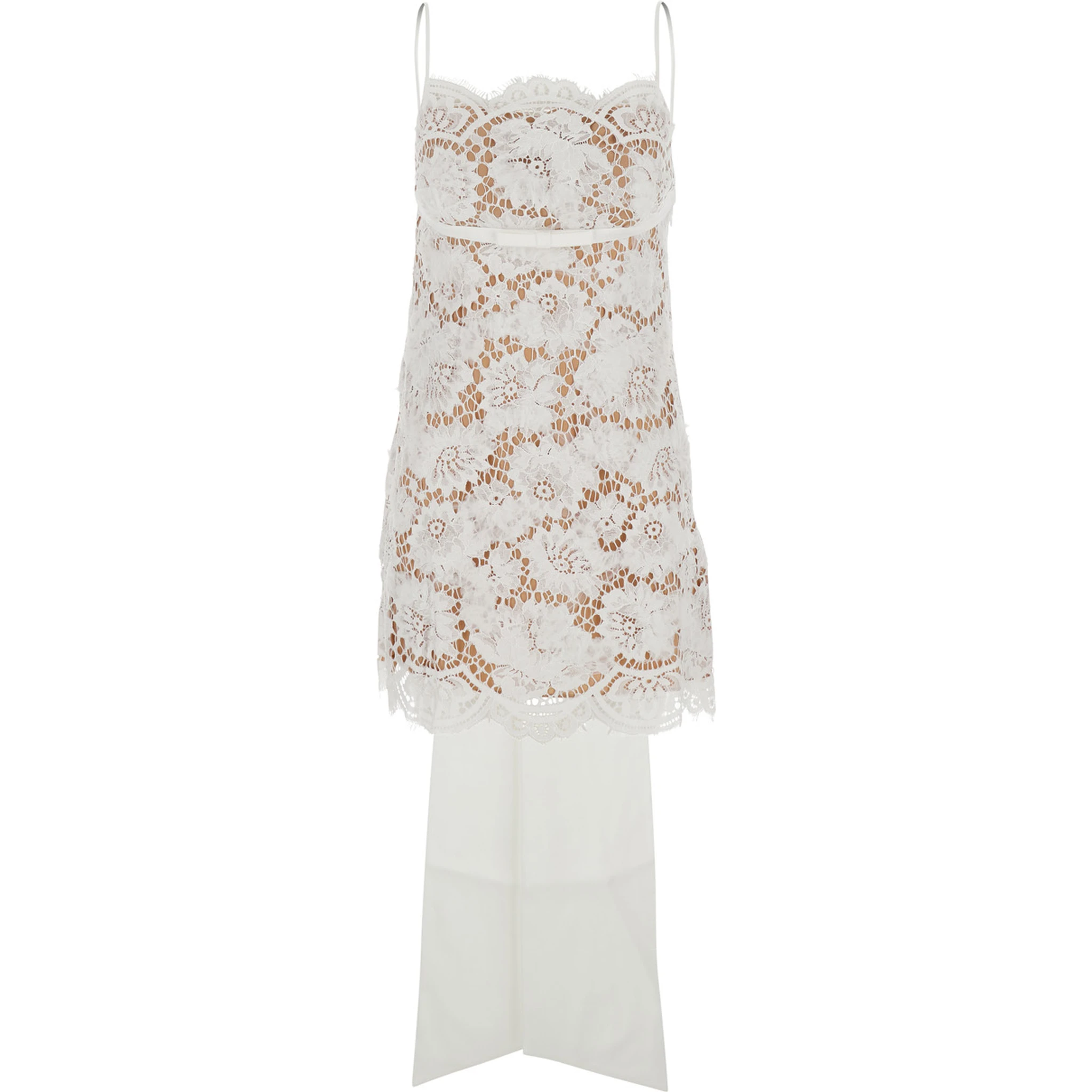 White Sleeveless Mini Dress with Floral Lace Embroidery and Scallop Hem in Cotton Blend Woman