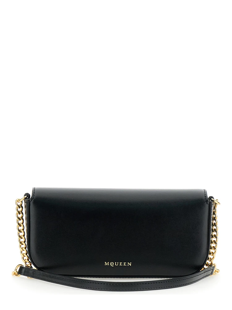 Skull Flower Black Crossbody Bag with Chain-Link Shoulder Strap and Logo Plaque on the Front in Leather Woman alternative