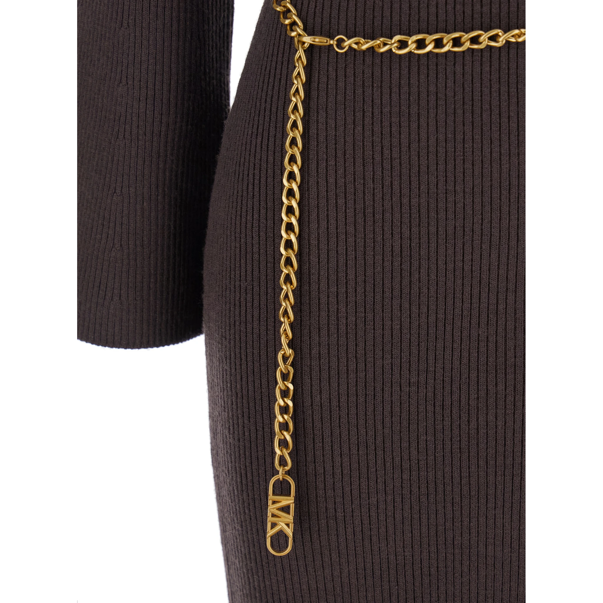 Brown Dress with Chain Belt and Logo Plaque on the Rear in Wool Blend Stretch Woman