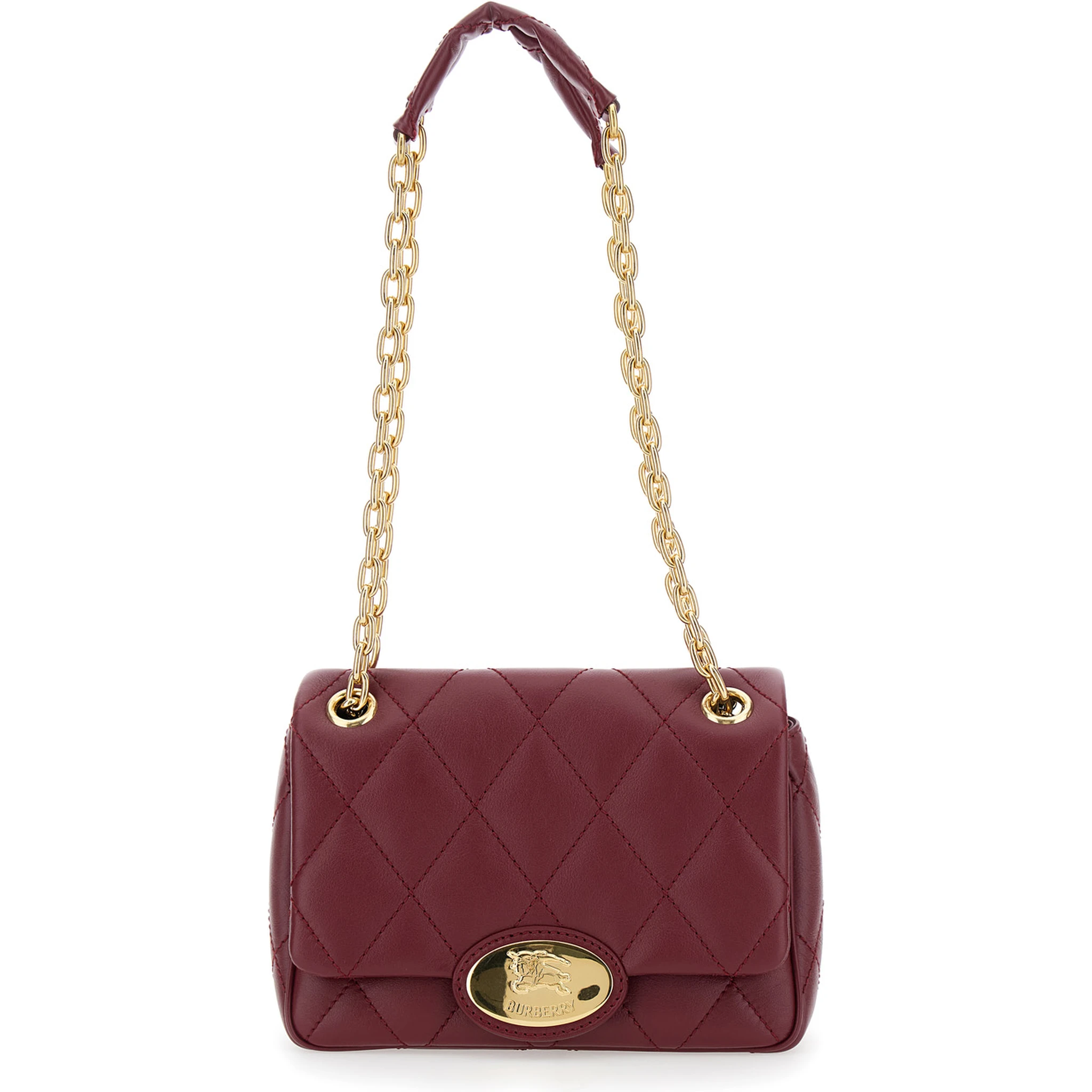 Bordeaux Quilted Crossbody Bag with EKD Plaque on the Front and Chain-Link Shoulder Strap in Leather Woman