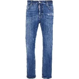 Blue Jeans with Ripped Details and Logo Patch on the Rear in Denim Man