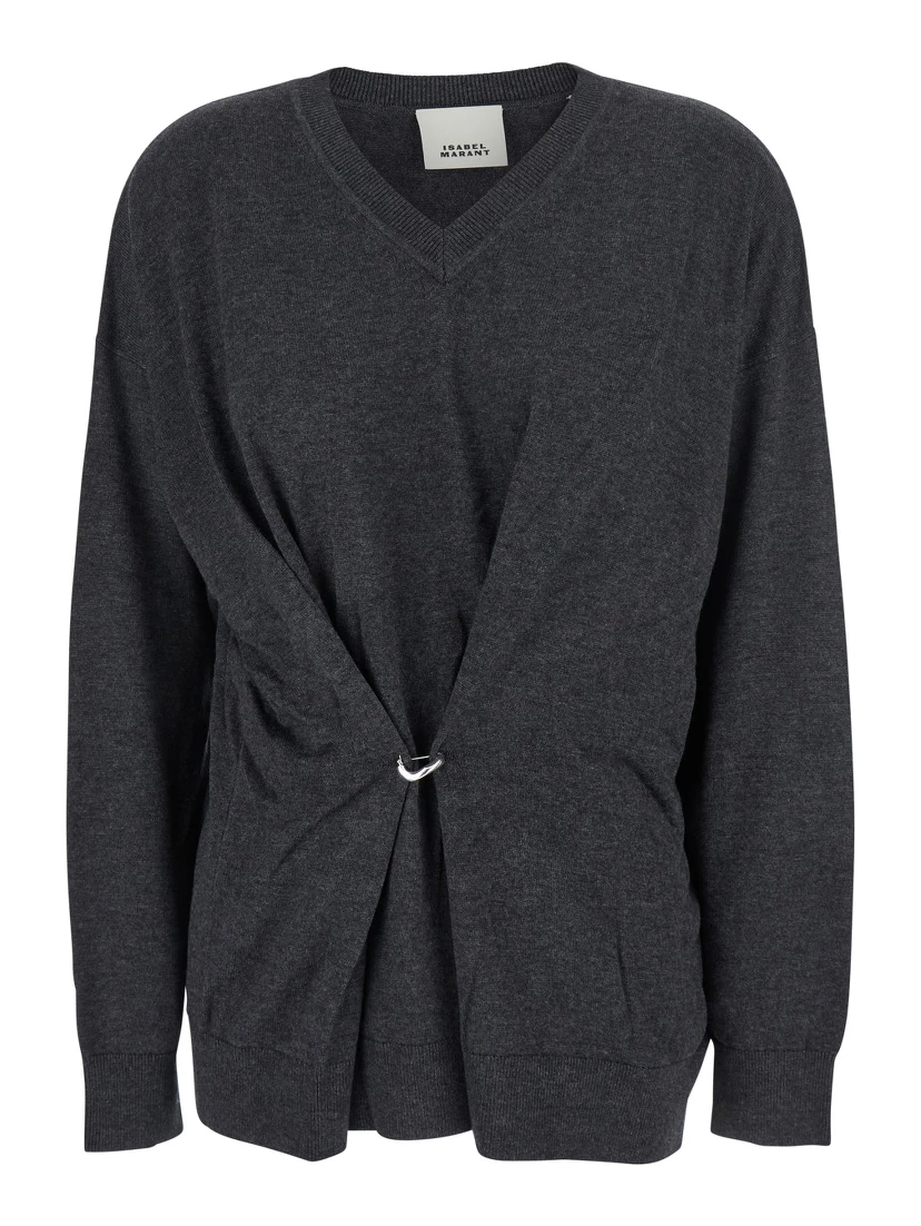 Grey V-Neck Sweater with Ring Detail at the Waist in Fabric Woman