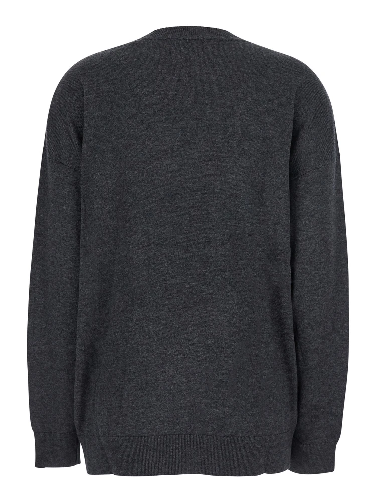 Grey V-Neck Sweater with Ring Detail at the Waist in Fabric Woman alternative