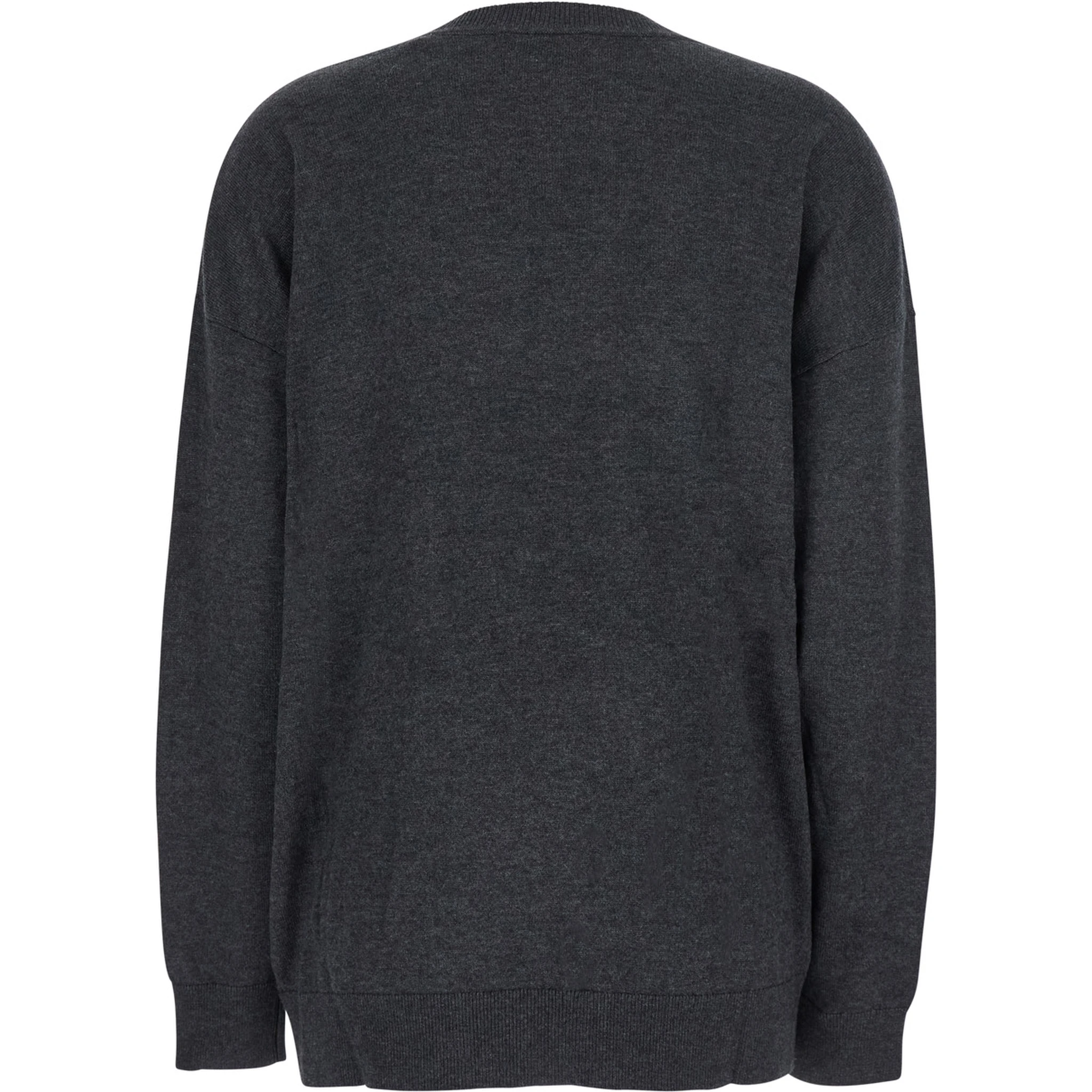 Grey V-Neck Sweater with Ring Detail at the Waist in Fabric Woman