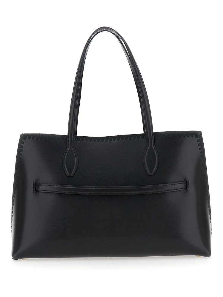 Lounge Black Tote Bag with Embroidered Details and Embossed Logo on the Front in Leather Woman alternative