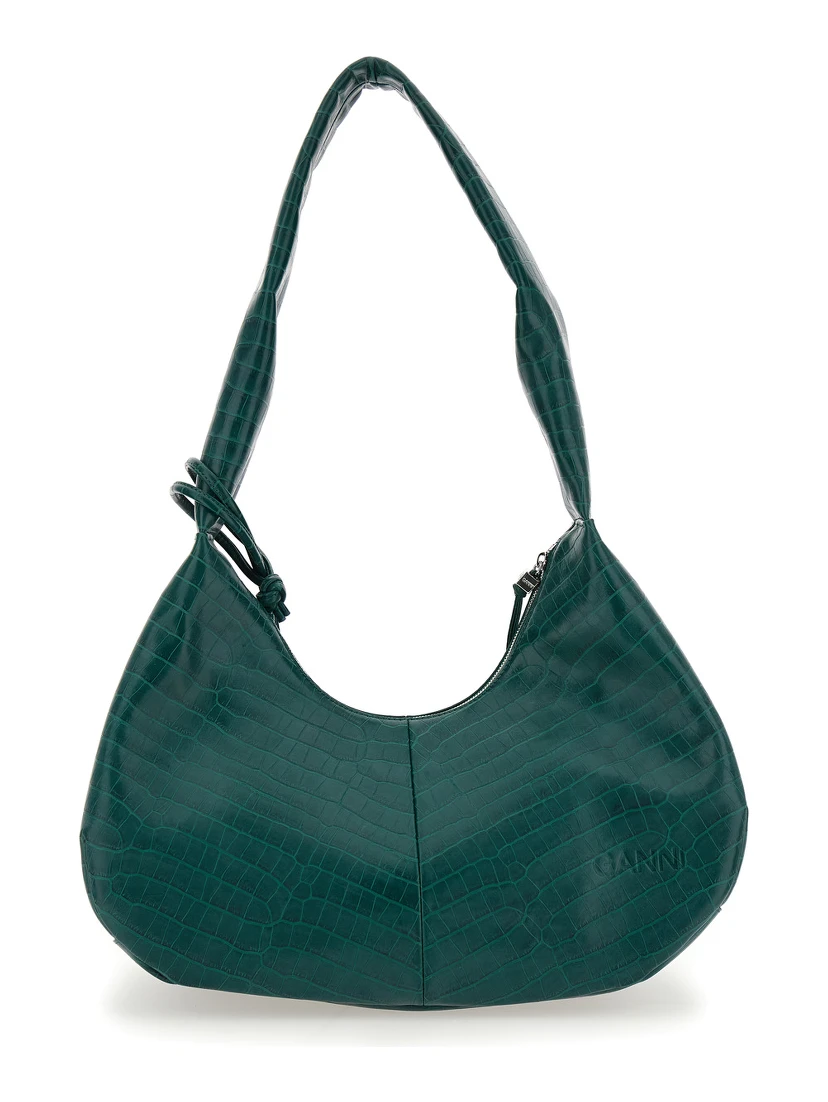 Medium Bou Green Shoulder Bag with Crocodile Leather Effect and Logo Plaque in Leather Woman