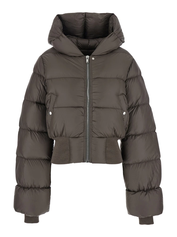 Brown Down Jacket with Crop Design and Fixed Hood in Tech Fabric Woman