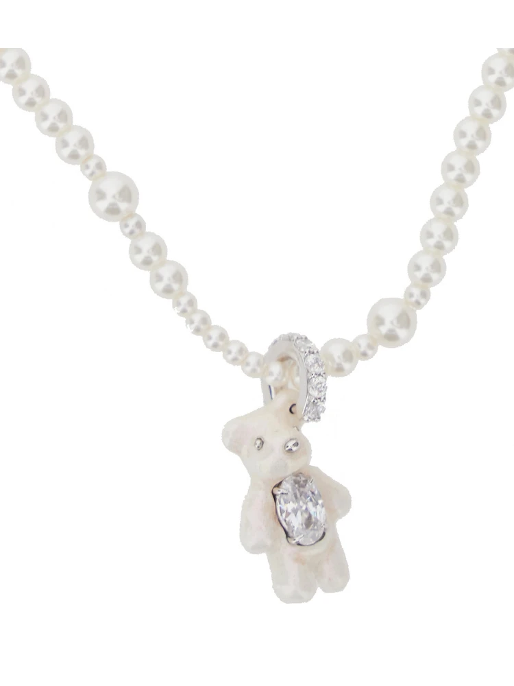 Mini Pearl Bear White Necklace with Peal Design and Bear Pendant in Metal and Pearls Woman alternative