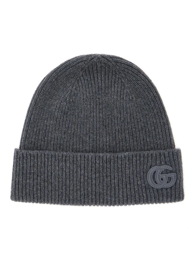 Grey Beanie with Logo Patch on the Front in Wool Man