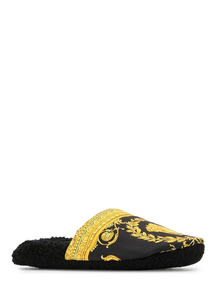 Black and Gold House Slippers in Cotton and Terry with Baroque Print alternative