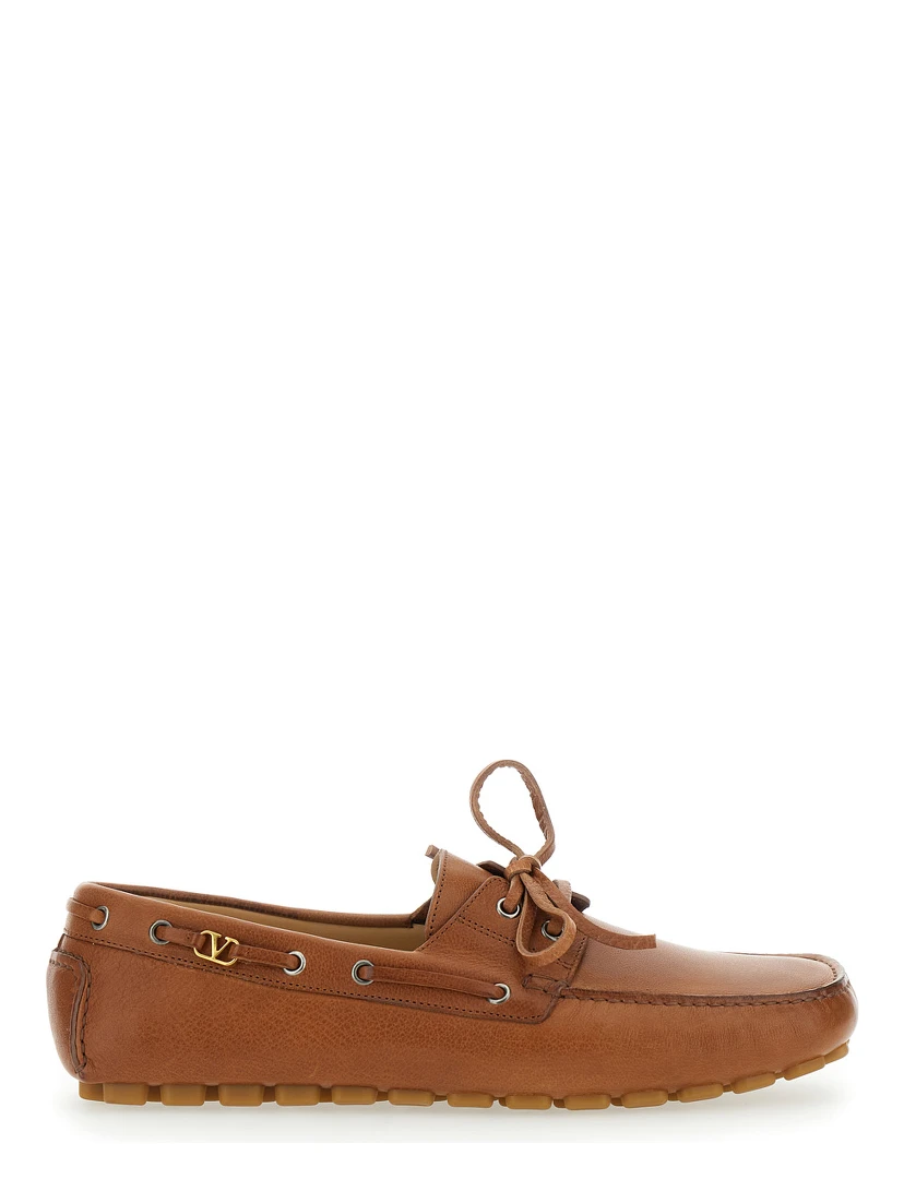 Fastaway Brown Loafers with VLogo Plaque and Decorative Laces with Logo in Leather Man