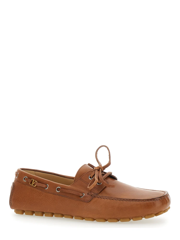 Fastaway Brown Loafers with VLogo Plaque and Decorative Laces with Logo in Leather Man alternative