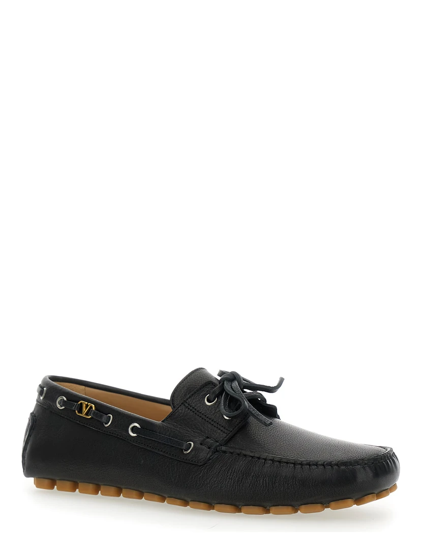 Fastaway Black Loafers with VLogo Plaque and Decorative Laces with Logo in Leather Man