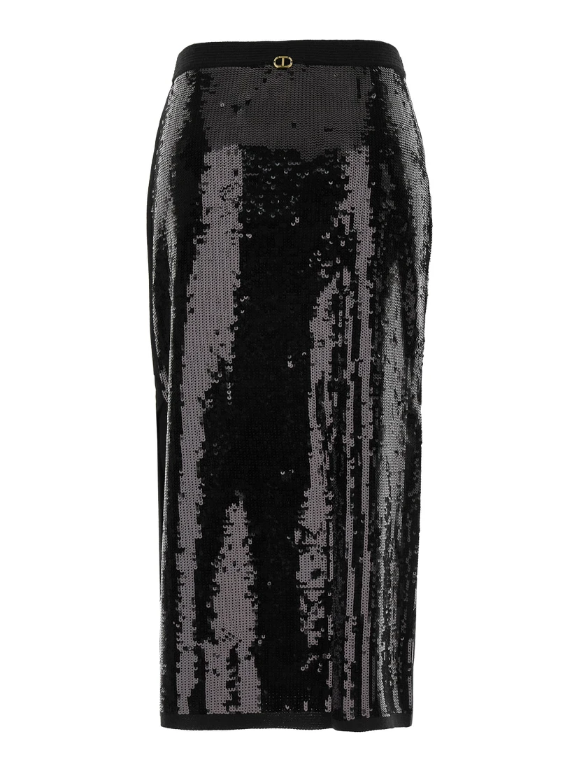 Black Midi Skirt With Sequins All-Over in Technical Fabric Woman