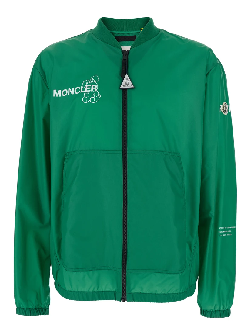 Ostria Green Bomber Jacket with Maxi Print on the Rear and Logo Patch on the Sleeve in Tech Fabric Man