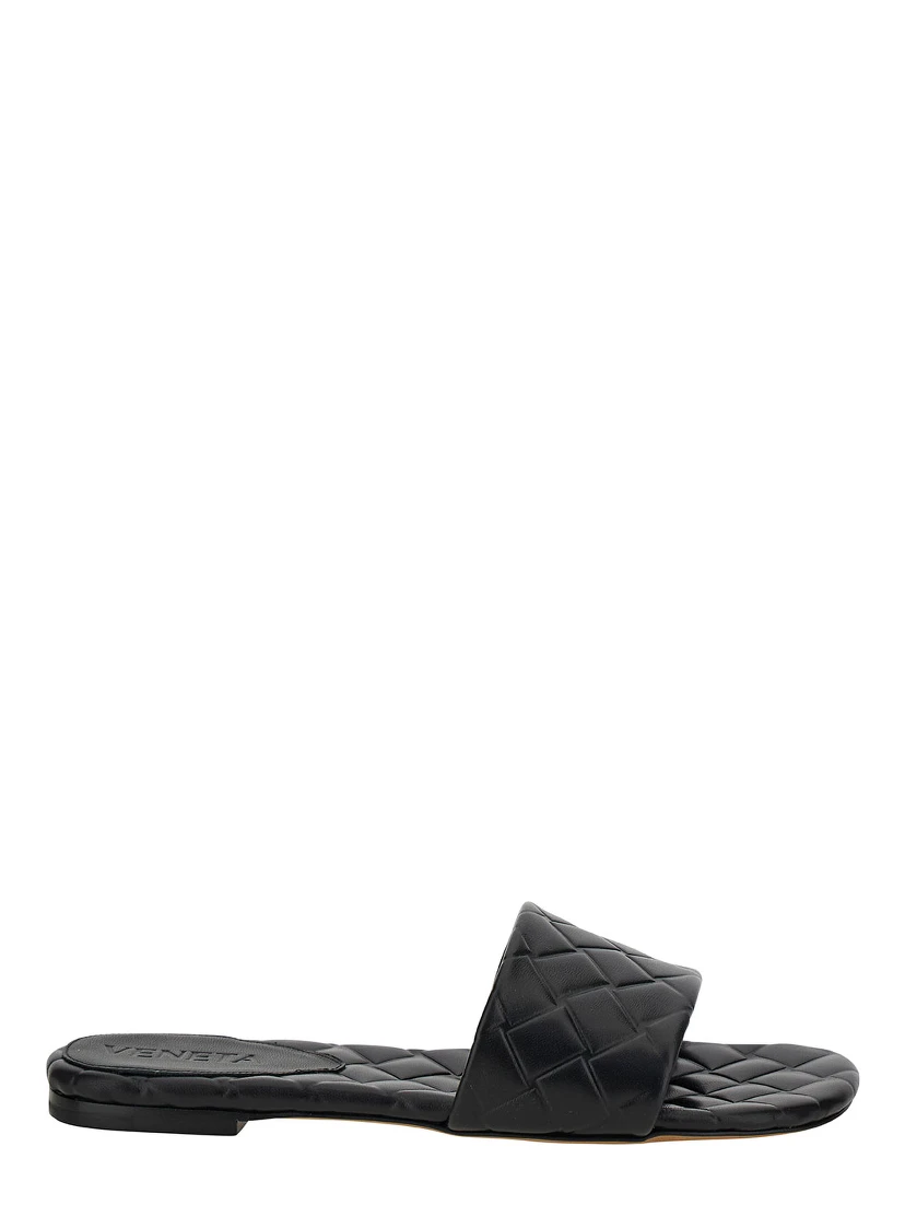 Slide Amy Black Sandals with Intreccio Motif in Leather Woman