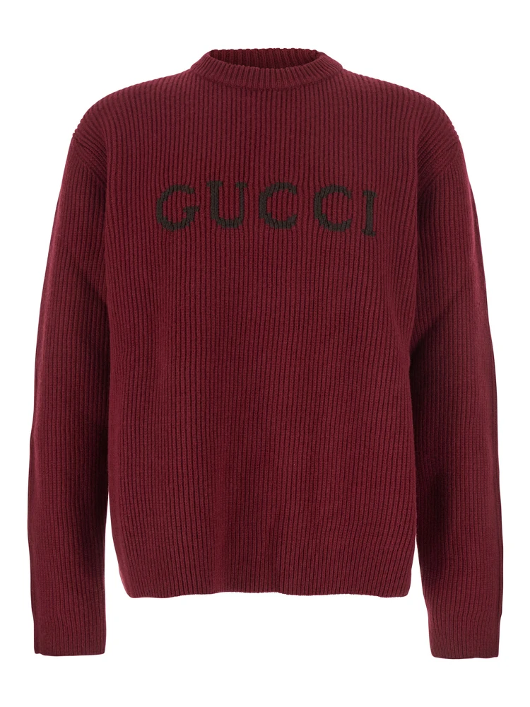 Bordeaux Crewneck Sweater with Logo Lettering Embroidery on the Front in Wool Man